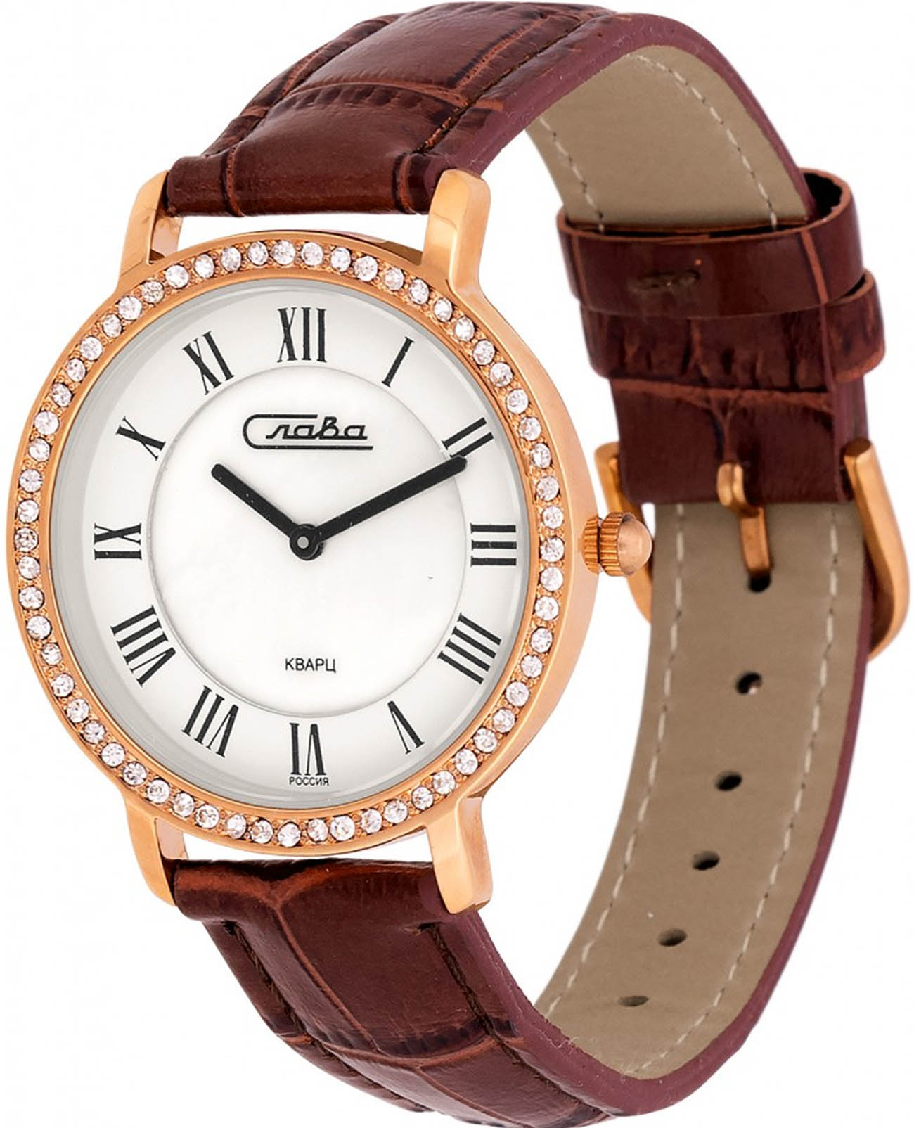 Слава Слава Инстинкт 6239485/2025  6239485/2025 кварцевые женские часы белый циферблат, браслет кожаный — вид спереди